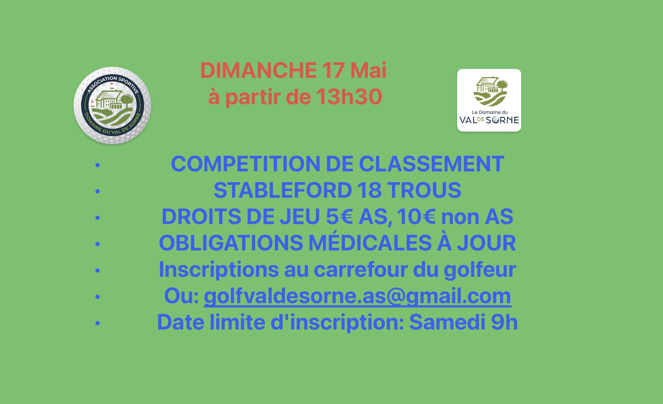 Dimanche 17 Mai depuis 13h30: compétition de classement stableford 18 trous